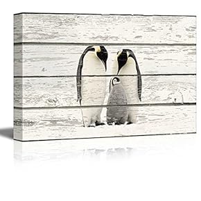 Penguin Family on Vintage Wood Textured Background Rustic Country Style
