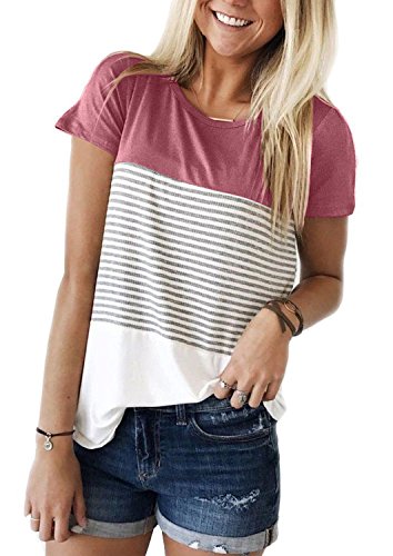MOLERANI Short Sleeve Round Neck Triple Color Block Stripe T-Shirt Casual Blouse (2XL, Pink)