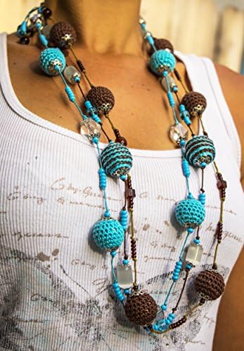 Gorgeous Handmade Crochet Turqouise And Brown Necklace, Unique Design, Natural Stones, Glass Beads &amp; 100% Cotton Yarn