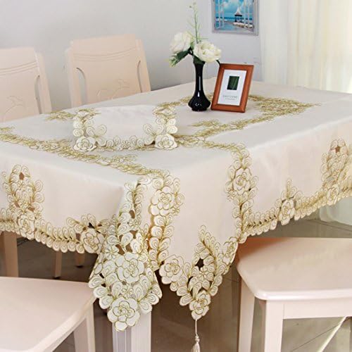 Full beige simple and elegant three-dimensional embroidered tablecloth rectangular 33 x 59 inch approx