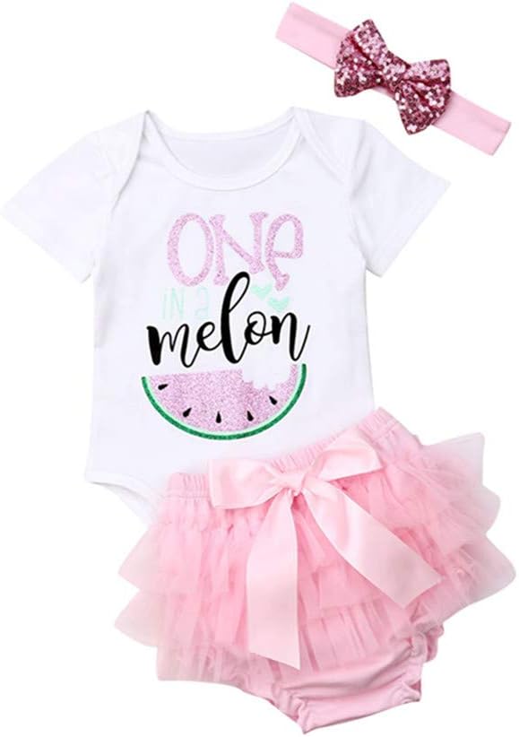 3Pcs Infant Baby Girls Summer Clothing One Melon Romper Bodysuit Tops Tutu Shorts Birthday Outfits+Headband