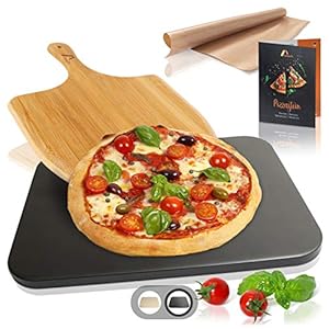 AMAZY Pizzasteen Incl. Bamboe Pizzaschep, Duurzame Bakfolie en Recepten Boekje – de Broodbaksteen (Hittebestendig, Zwart…