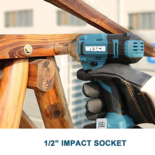 WESCO 20V Cordless Impact Wrench, 1/2-inch, 1602In-lbs Max Torque, 2.0Ah Li-ion Battery with Charger, 3000 Max IPM, 2400 Max RPM, Impact Sockets, Belt Clip for Easy Carrying/WS2905U