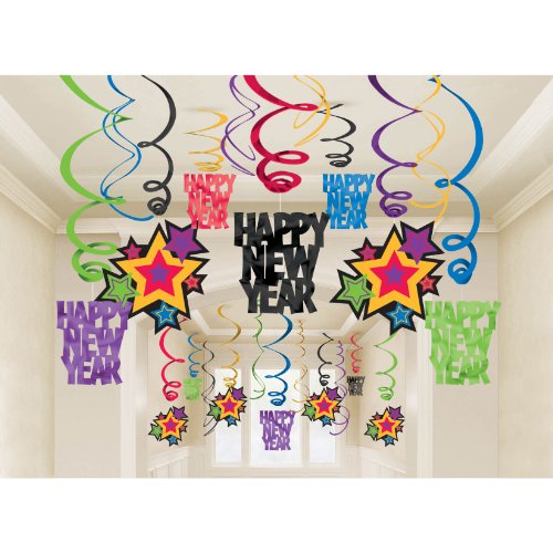 Amscan Sparkling Jewel Tones New Year Party Hanging Foil Swirl Decorations Decoration (30 Piece), One Size, Multicolor