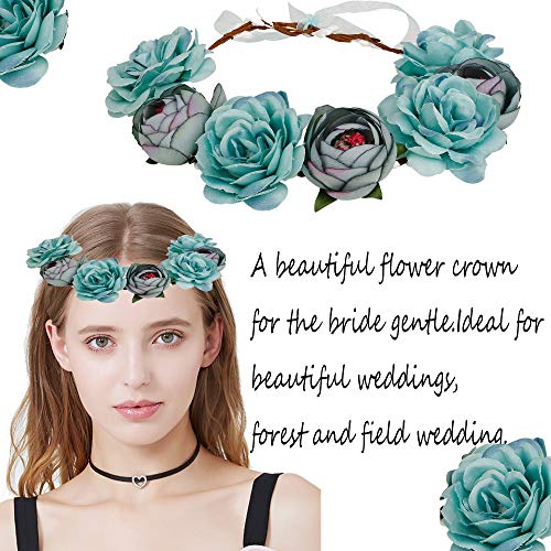 Thunaraz Women Boho Floral Crown Hair Wreath Flower Headband with Adjustable Ribbon Halo Festival Wedding Party