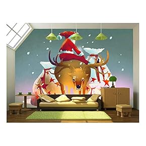 Illustration - Santa Claus Sitting on His Reindeer with Gift Bags,Illustration Painting - Removable Wall Mural | Self-Adhesive Large Wallpaper - 66x96 inches