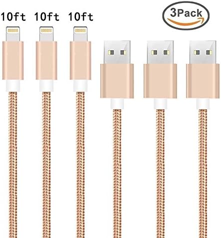 Rongqx iPhone Cable, 3Pack (10FT+10FT+10FT) Nylon Braided Cable Line,USB iPhone Charger Cord for iPhone 6/6Plus/6s/6s Plus/5/5c/5s, iPad/iPod/Mini Gold