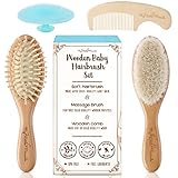4 Piece Wooden Baby Hair Brush and Comb Set - Natural Soft Goat Bristles | Wood Bristles for Massage | Helps To Prevent or Cradle Cap - for Newborns and Toddlers | Perfect Baby Shower & Registry Gift