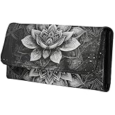 Jolamirel Lotus Mandala Women PU Leather Tri-fold Wallets Black And White Sketch Flower Zipper Pocket Buckle Money Manager Starry Sky Tall Billfold Secretary Cash Wallet