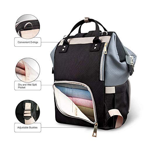 Baby Bag Backpack Waterproof Large Capacity Insulation Travel Back Pack Nappy Bags Organizer, Multi-Function, Fashion and Durable (Grey/Black)