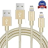 Aonlink iPhone Charger Cord, 2Pack 6FT 10FT Nylon Braided Lightning to USB Cable with Aluminum Connector for iPhone 7/7 Plus/6s/6s Plus/6/6Plus/5s/5c/5, iPad/iPod Models-Gold