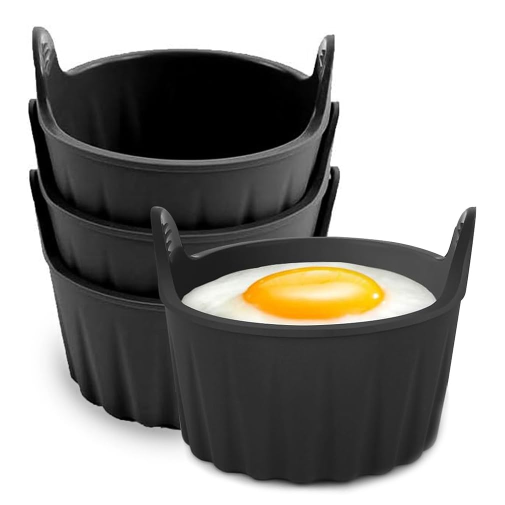 4PCS Air Fryer Egg Poacher Nonstick Silicone Ramekins Egg Bites Molds Maker Reusable Fried Egg Ring Moulds for Egg Frying Shaping Pancakes Mini Burger Microwave Baking Cups
