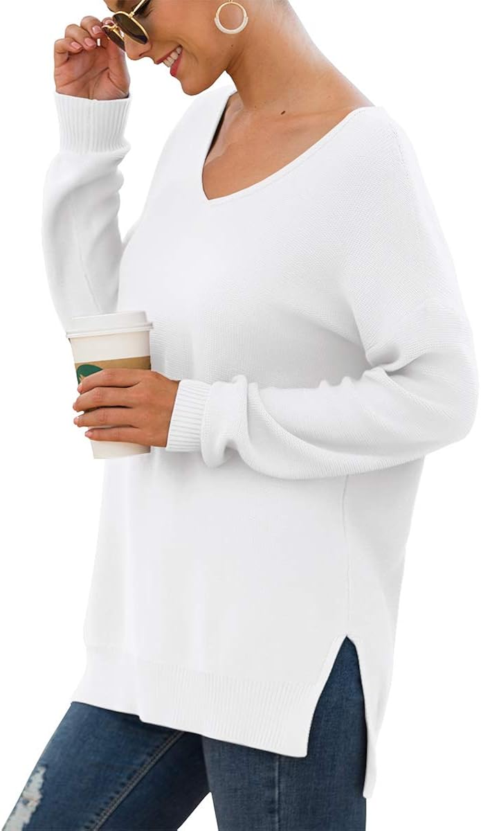 GRECERELLE Women's V-Neck Long Sleeve Side Split Loose Casual Knit Pullover Sweater Blouse at  Women’s Clothing store