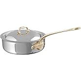 Mauviel M'Cook B 5-Ply Polished Stainless Steel Saute Pan With Lid, And Brass Handle, 3.2-qt, Made In France