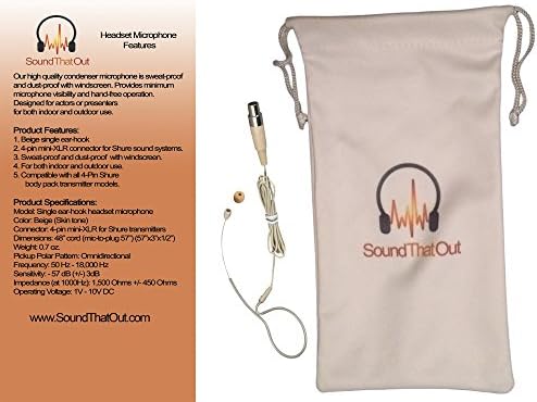 SoundThatOut Shu-S01 Headset Microphone: Beige Single Earhook earhang with 4 pin Mini XLR Connector for Wireless Shure transmitters.