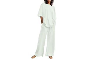 GENERIC Women's Cotton Linen Lounge Set 2023 Plus Size Top Pajamas Wide Leg Pants Loungewear Two Piece Outfits with Pocket