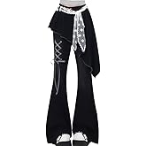 kakarin choyx Fashion Gothic Women's High Waisted Bell Bottom Jeans Y2K Casual Cute Lace Drawstring Fake Two Pieces Pants