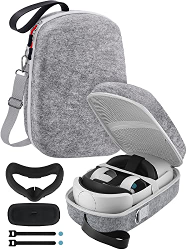 TOENNESEN Hard Carrying Case for Meta Quest 3/Oculus Quest 2/Vision Pro VR Headset with Official Elite Battery Strap and Touch Controllers Accessories, Lightweight for Travel and Home Storage(Grey)