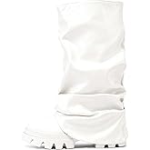 MICIFA Women's Fold Over Boots Platform Slouchy Wide Calf Boots for Women Chunky Heel Ruched Round Toe Riding Mid Calf Booties