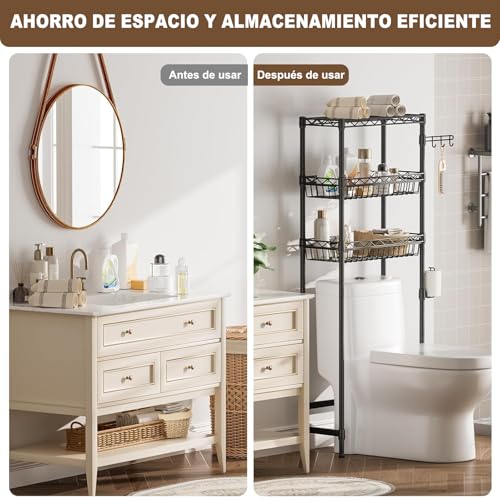 LOKOOY Estantería sobre el Inodoro, Organizador de Baño de 7 Niveles Ajustable, Mueble para Inodoro, Ahorro de Espacio con Ganchos (Negro Moderno)