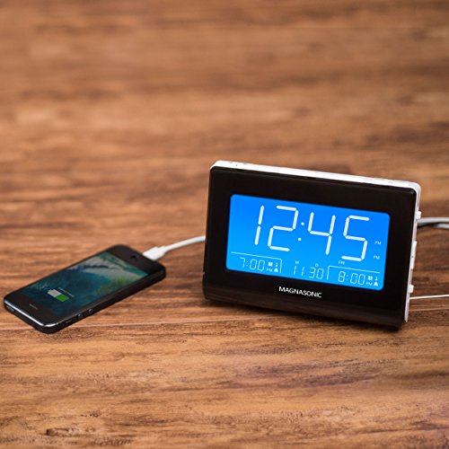 Magnasonic Alarm Clock Radio with USB Charging for Smartphones & Tablets, Auto Dimming, Dual Gradual Wake Alarm, Battery Backup, Auto Time Set, Large 4.8" LED Display, AM/FM (CR63W) - Thumbnail 6