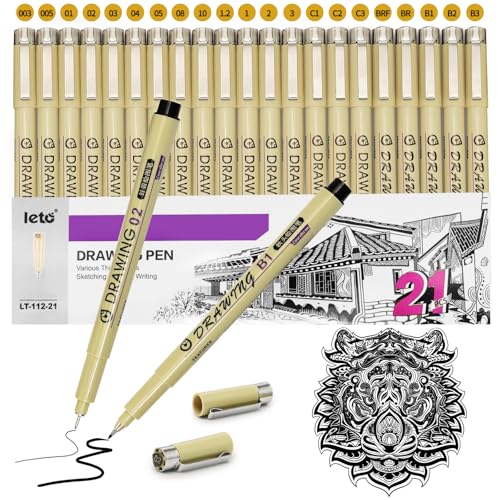 Estilografos, 21 Piezas Plumas de Dibujo Negro, Plumas de Caligrafía Arte Punta Fino con 0.15-3MM de Delineador Fino, Rotuladores Punta Fina, Adecuado para Dibujos Finos, Cómics, Diseño Arquitectónico