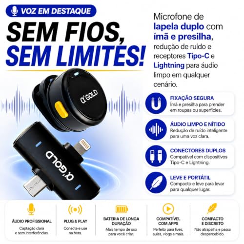 Microfone de Lapela Sem Fio Duplo USB-C e Lightning com Redução de Ruído
