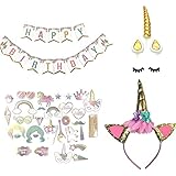 Unicorn Birthday Girls Party Supplies Bundle 1- Unicorn Birthday Banner (17pcs) 1- Unicorn Cake Topper W/Eye Lashes (5pcs) 1 Unicorn Photo Prop Set (29 pcs) and 1- Unicorn Gold/Pink Headband
