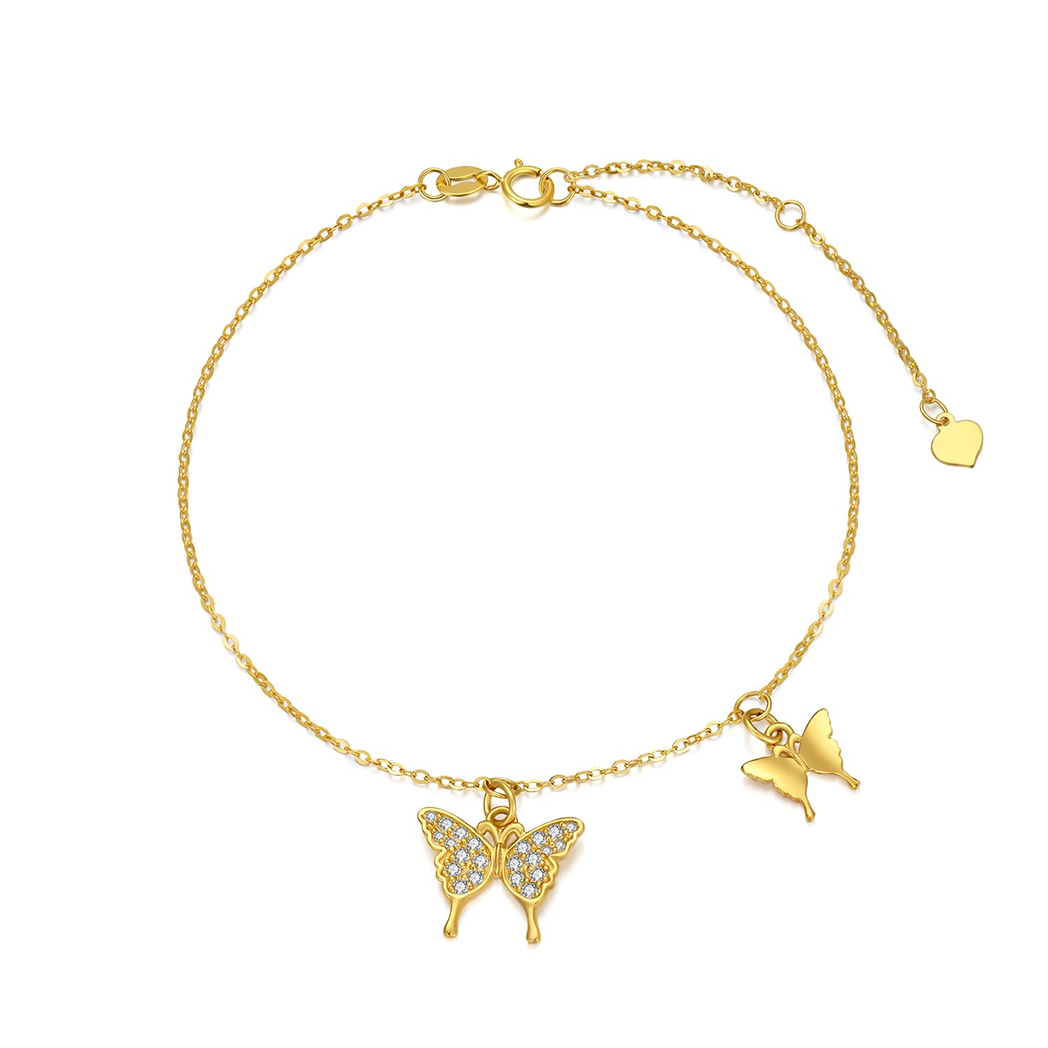SISGEM 9 ct Gold Butterfly Bracelet, Solid Yellow Gold Double Butterfly Charm Bracelet, Cable Chain Bracelet with 5A Cubic Zirconia, for Women Ladies Girls, 6.5"+1"+1"