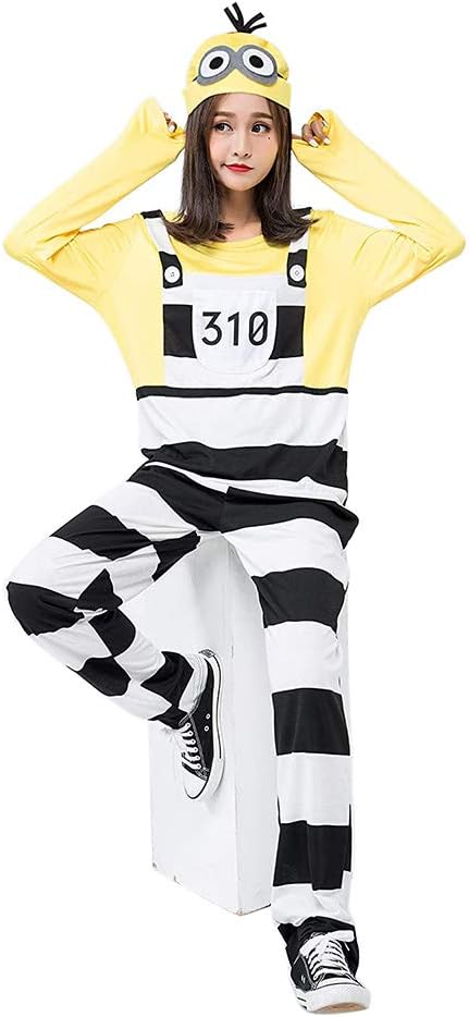 Amazon S C Live ハロウィンコスチューム 大人コスチューム レディース メンズ 男女共用 囚人ミニオンズ衣装 ミニオンコスプレ衣装 イエロー 黄色 ミニオン着ぐるみ 帽子付 黒白ストライプ衣装 囚人コスチューム衣装 囚人服 レディース メンズ クリスマス ハロウィン