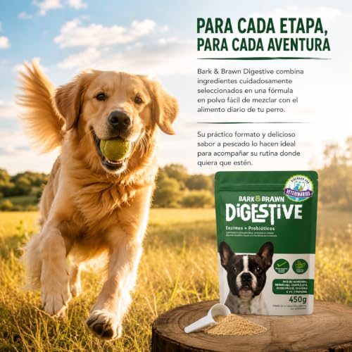 BARK & BRAWN Digestive para Perros 450g | Probióticos, Prebióticos y Enzimas Digestivas | con Raíz de Achicoria, Bromelina, Papaína, Linaza y Omega 3 | Probioticos Perro | hasta 90 Porciones