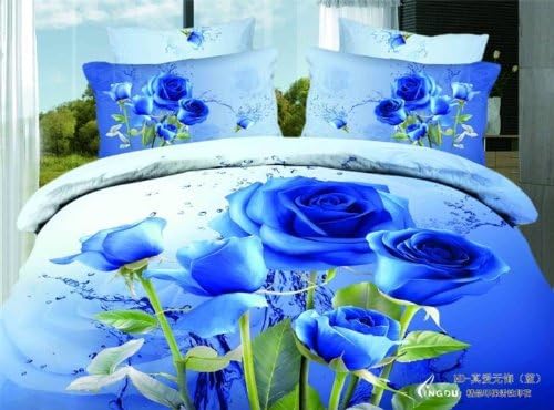 Joubuy Reactive Printing Big Blue Rose 3d Blue Bedding Beach Bedding Queen Beach Theme Bedding 3d Bedding Set Beach Duvet Cover Set Blue Rose Coverlet 100 Percent Cotton 4pcs