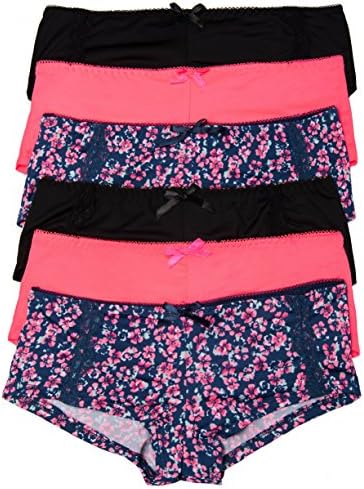6 Pack Juniors Boyshort Panties with Lace Detail (Large, 6PK Flo)