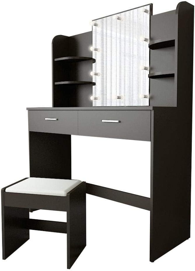 Kids Furniture Goldye Multifunction Vanity Set Lighted Mirror Makeup Dressing Table With Light Bulb Bedroom Wood Dressing Table With Drawer Cushioned Stool Dual Purpose Study Desk Accent Furniture Vanities