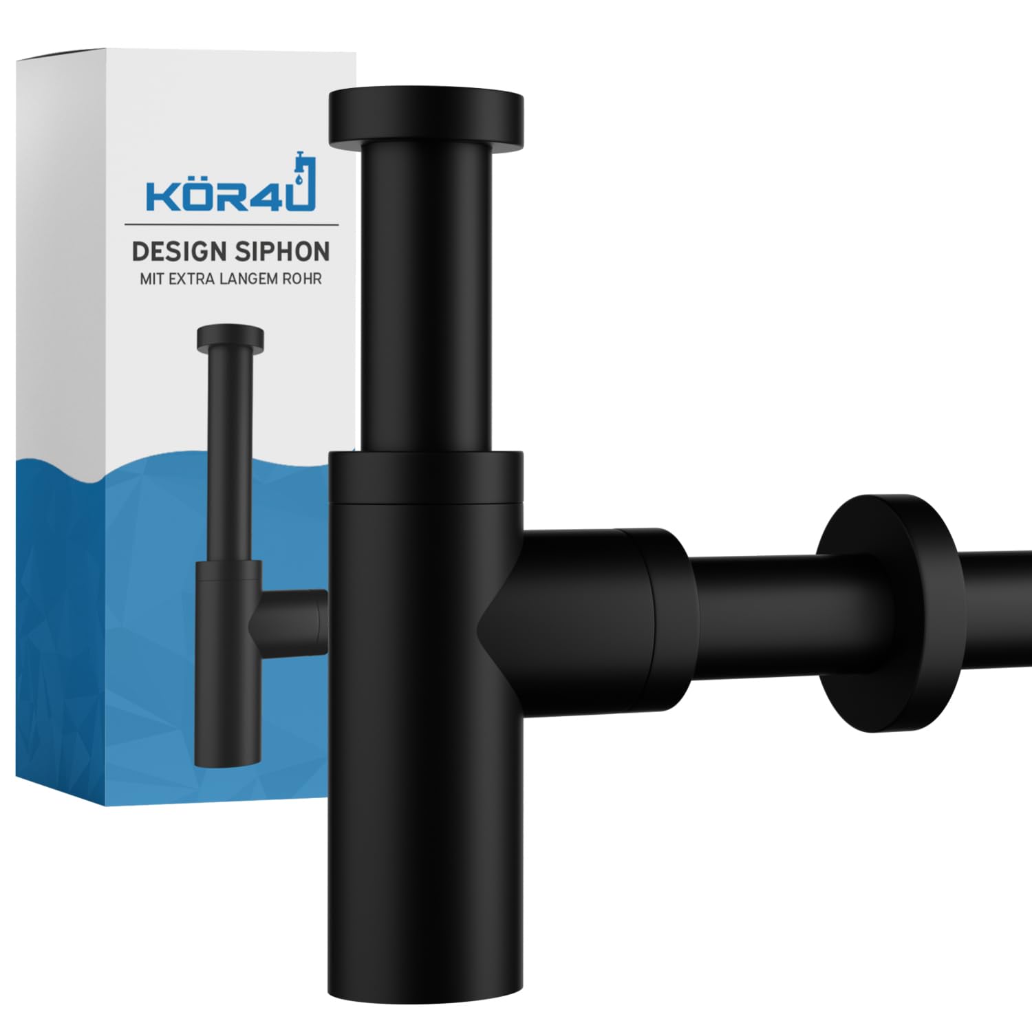 kör4u Design Siphon, 1 1/4 Inch x 32 mm, Black Matt, Cup Odour Trap, Tube Odour Trap for Sinks, Extra Long Pipes, Includes Seals
