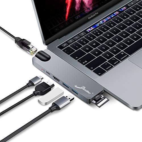 USB C Hub Adapter, 7 in 1 Thunderbolt 3 Type C Dongle for 2018/2017/2016 MacBook Pro with 4K HDMI, Gigabit Ethernet, 100W Power Delivery, SD Card Reader, USB 3.0 Ports (Space Grey)