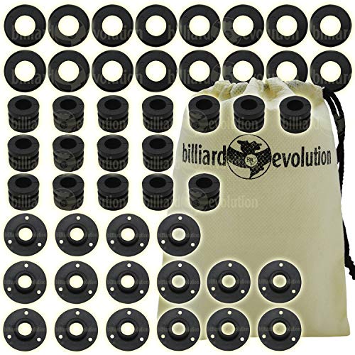 Set of 16 Smooth Rubber Bumpers, 16 Black Outside Bushings & 16 Nylon Washers for Foosball Table & Billiard Evolution Drawstring Bag
