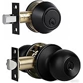 Door Lock with Deadbolt, Keyed Alike Door Knob with Lock for Front Door, Exterior Entry Handle Set with Deadbolt Lock for Front Door Lock Set, Matte Black, 1 Pack