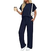 Tankaneo Womens 2 Piece Lounge Sets Short Sleeve Tops Wide Leg Pants Set Casual Matching Vacation Travel Outfits