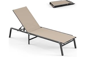 Vexwalx Foldable Pool Lounge Chairs, Aluminum Chaise Lounge Outdoor with 5 Positions Recliner - Free Assembly - Patio Lounge Chair for Poolside, Beach (Khaki)