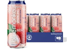 Blue Monkey Sparkling Lychee Juice - Real Fruit Juice, No Sugar Added, All Natural, Lightly Carbonated, Halal Certified - Refreshing Tropical Sparkling Water Alternative - 11.2oz (330ml) 12 Pack (11.2oz, Lychee Juice)