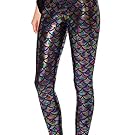 Jescakoo Digital Print Mermaid Fish Scale Shiny Leggings for Women Rainbow XL