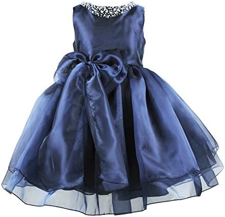Flower Girls Dress Satin Organza Wedding Party Ball Gown Bowknot Tulle Dresses,Navy Blue,size 8