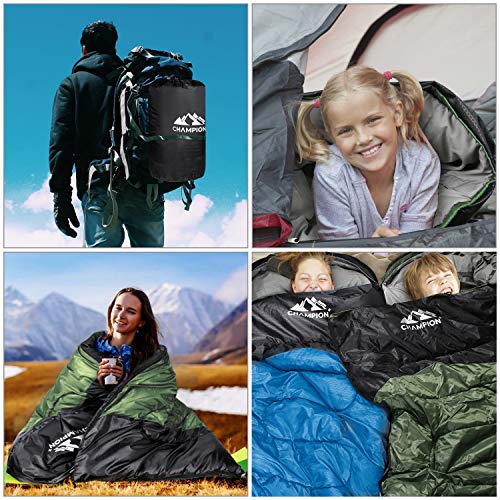 ChampionPlus Sleeping Bag for Adults & Kids, Boys and Girls - 3 Season Warm & Cool Weather - Summer, Spring, Fall, Compact Sleeping Bags Lightweight，Camping/Hiking/Backpacking, Green