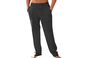 PASLTER Men's Cotton Linen Pants Elastic Waist Drawstring Casual Trouser Lightweight Straight-Legs Loose Beach Yoga Pants