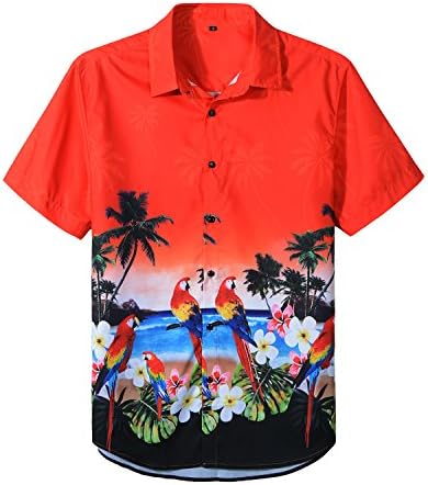 Men's Aloha Hawaiian Short Sleeve Button Down Shirts Tropical Printed Tops Red Large