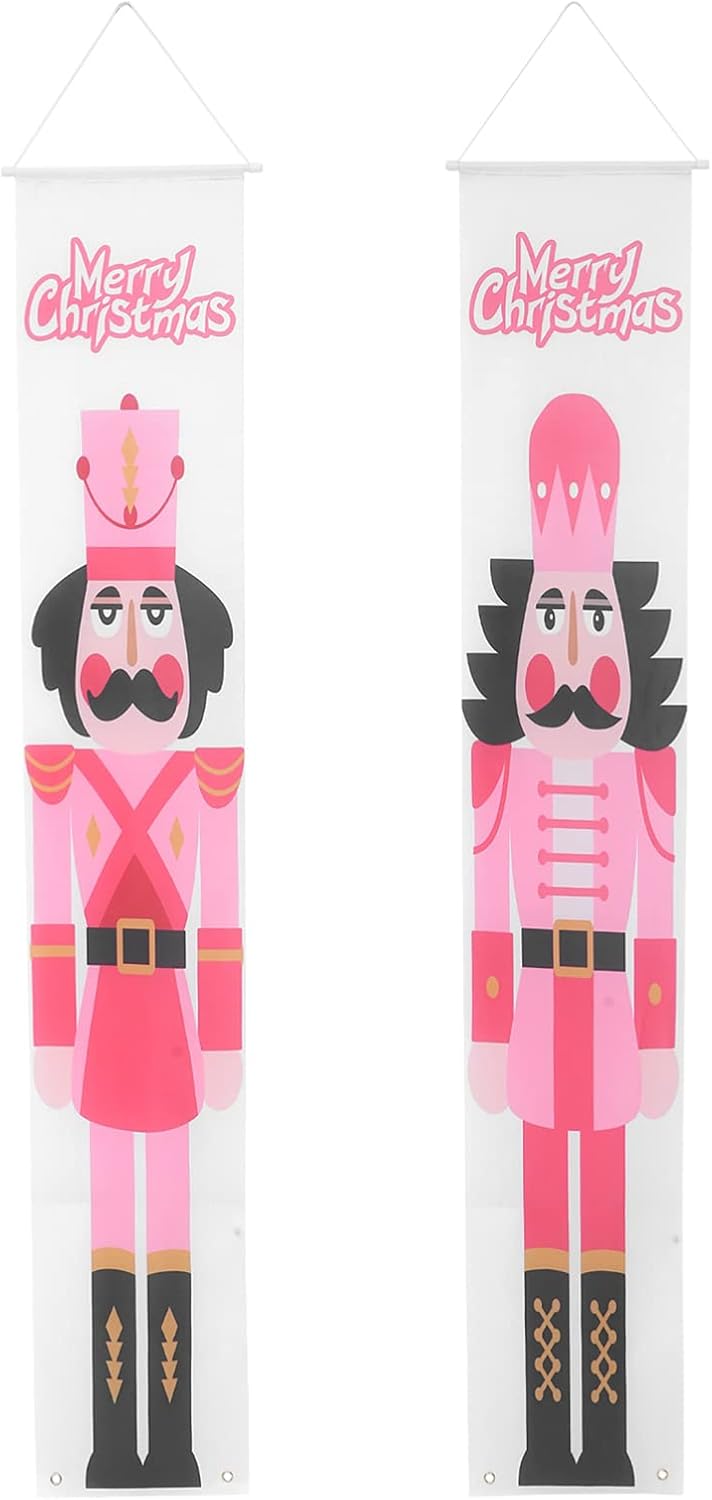 Nutcrackers - PRETYZOOM Christmas Nutcracker Banner Walnut Couplets Door Curtain Nutcracker Door Porch Hanging Sign Creative Couplet Decors Christmas Walnut Couplets Door Curtain Decors Pink