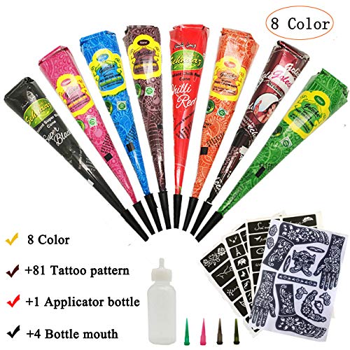 Henna Tattoos Kits- 8 Color Temporary Tattoo India Henna Kit Tattoo Paste Cone Body Art Painting Drawing with 81 pcs Tattoo Templates, 1 x Applicator Bottle and 4 x Plastic Nozzle