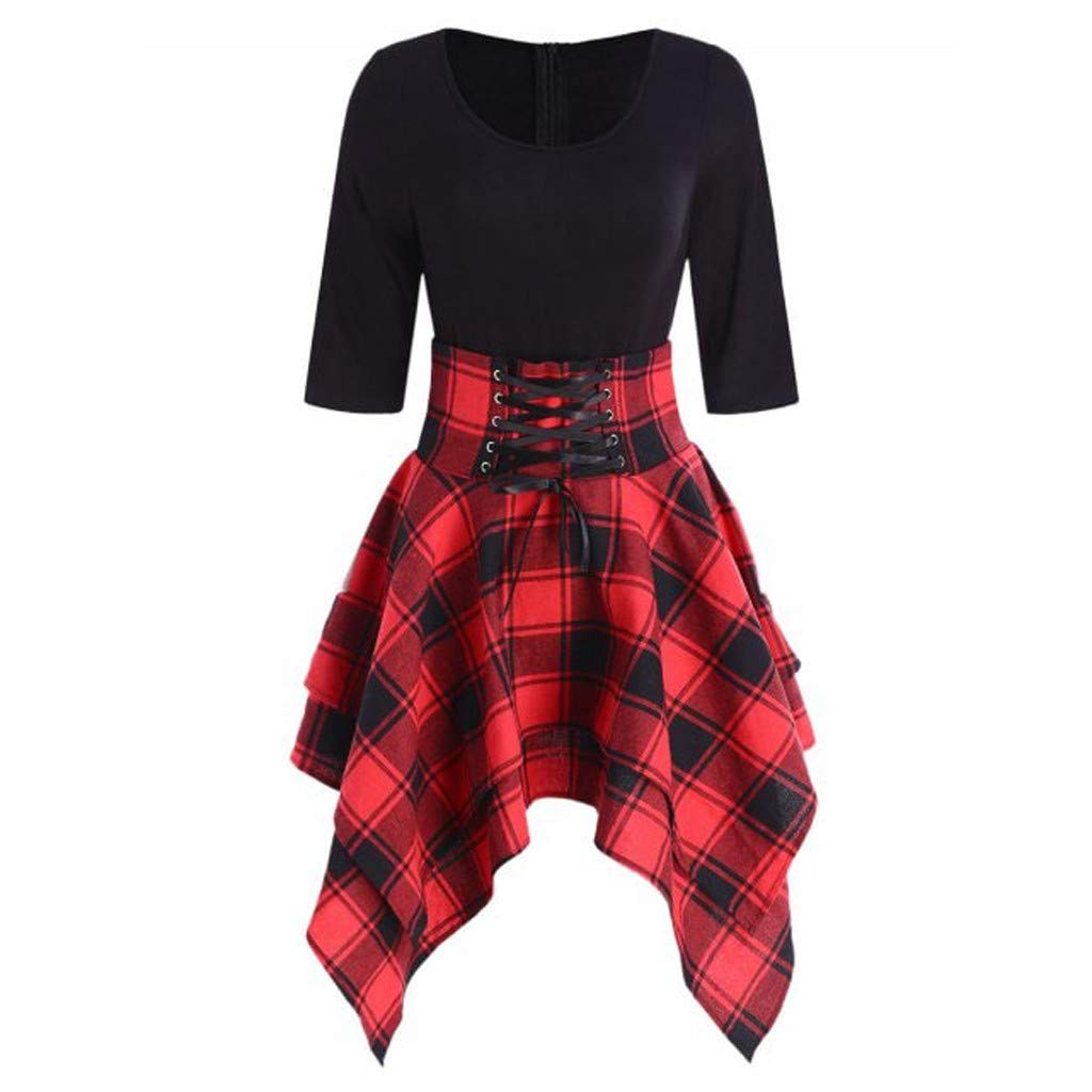 FANORAD Women Dresses O-Neck Lace Up Plaid Print Dresses For Party Dress