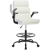 amseatec Tall Drafting Chair for Standing Desk,Executive Office Chair | 3 Zone Backrest, Adjustable Height, Flip-Up Armrests, Lumbar Support, Footrest Ring,Ergonomic Leather High Desk Chair